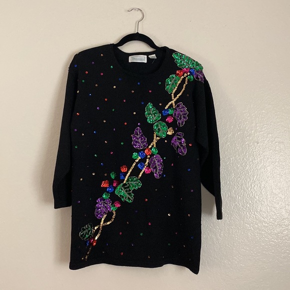 Vintage SHENANIGANS Small Black Holiday Pullover Sweater Purple Green Red Blue - Picture 1 of 16